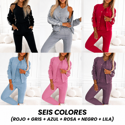Conjunto informal de 3 piezas para mujer: chaqueta, camiseta de tirantes y pantalón.
