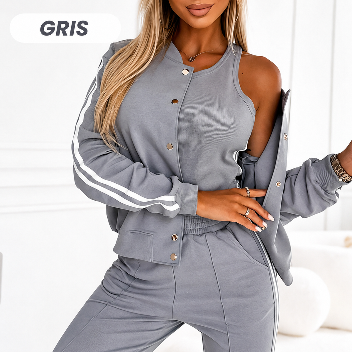 Conjunto informal de 3 piezas para mujer: chaqueta, camiseta de tirantes y pantalón.