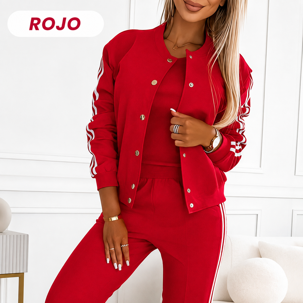 Conjunto informal de 3 piezas para mujer: chaqueta, camiseta de tirantes y pantalón.