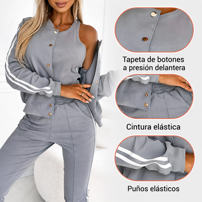 Conjunto informal de 3 piezas para mujer: chaqueta, camiseta de tirantes y pantalón.