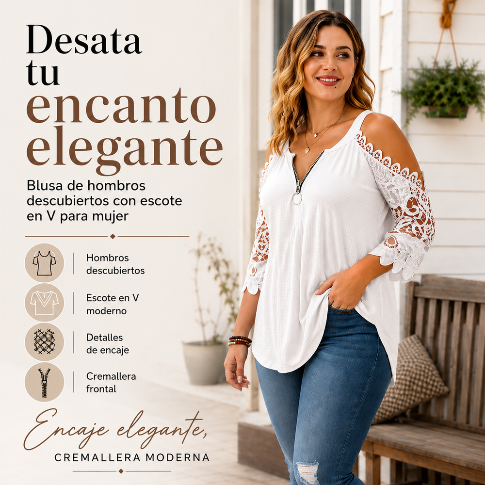 Top de encaje para mujer con hombros descubiertos y cremallera.