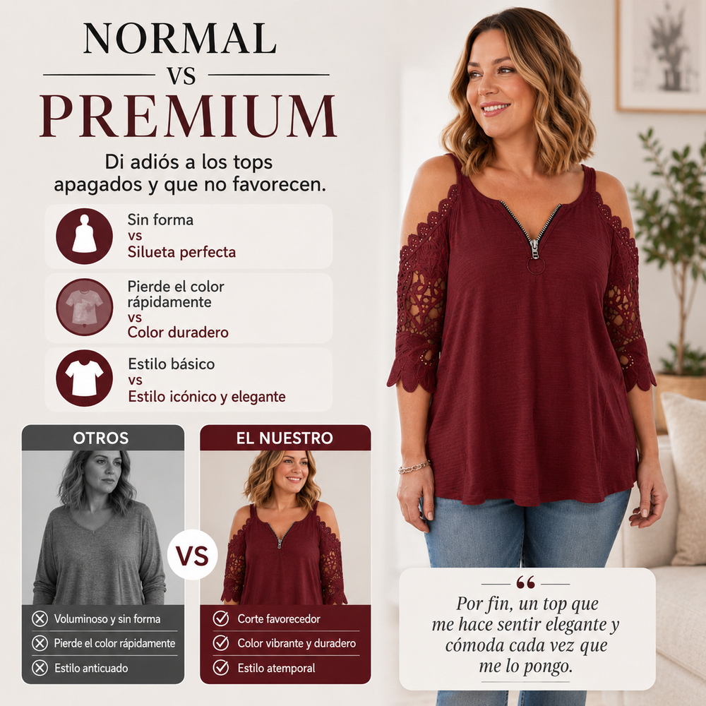 Top de encaje para mujer con hombros descubiertos y cremallera.