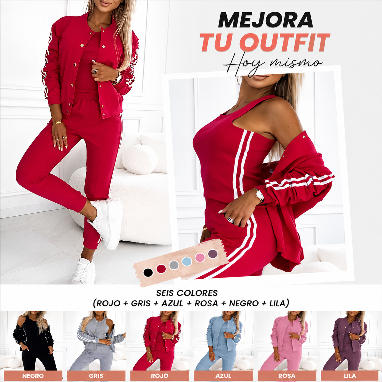 Conjunto informal de 3 piezas para mujer: chaqueta, camiseta de tirantes y pantalón.