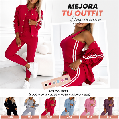 Conjunto informal de 3 piezas para mujer: chaqueta, camiseta de tirantes y pantalón.
