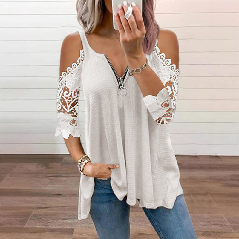 Top de encaje para mujer con hombros descubiertos y cremallera.