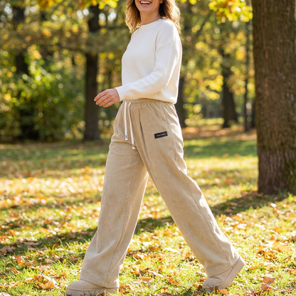 Pantalones de pana para mujer, de corte ancho y con cordón