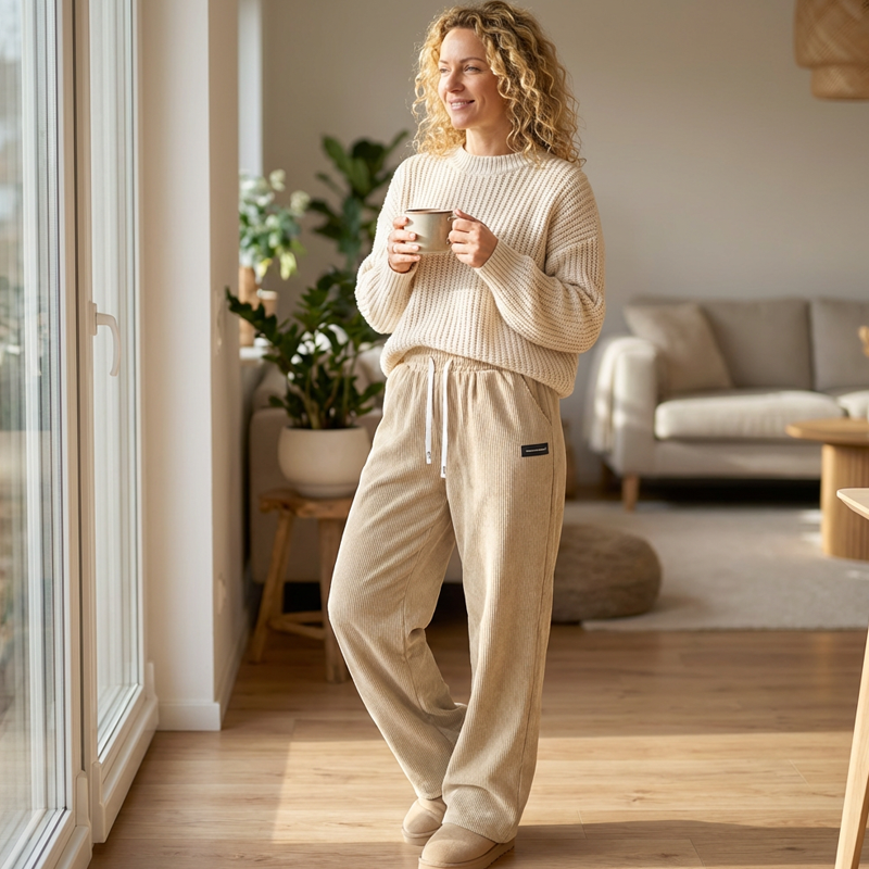 Pantalones de pana para mujer, de corte ancho y con cordón