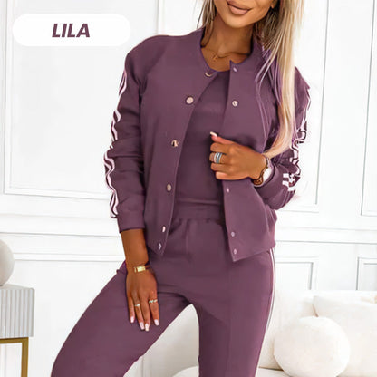 Conjunto informal de 3 piezas para mujer: chaqueta, camiseta de tirantes y pantalón.
